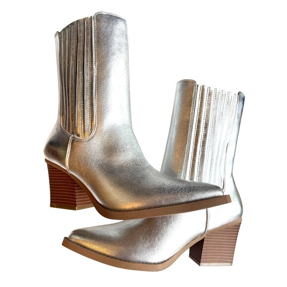 Forever 21 Ankle Boots New Metallic Silver Women's booties Size 7 Block Heel Fau - Picture 5 of 13